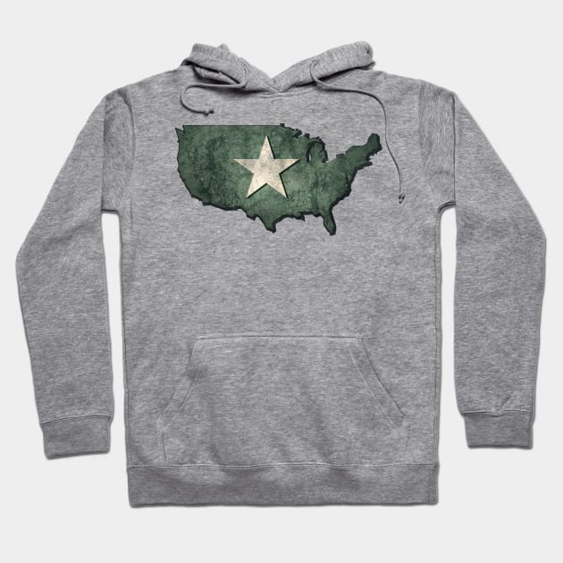 USA map in army green with bright star and grunge effect Hoodie by Creative Art Store